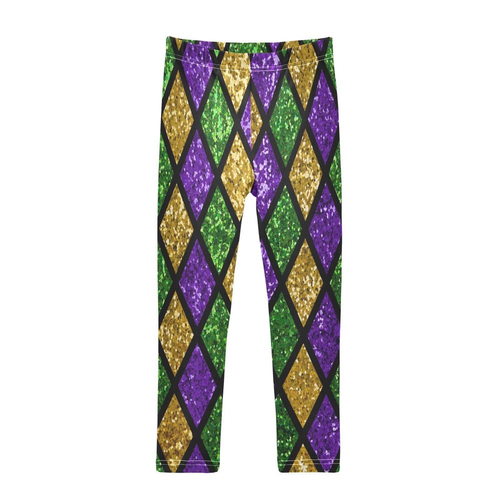 Aflyko Mardi Gras Girls' Leggings Fleur De Lis Glitter Zigzag Kids Running Yoga Pants Dance Tights Skinny Stretch Ankle Length Fat Tuesday Wear 6T