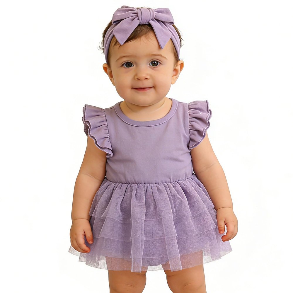 Baby Girl Ruffle Sleeve Romper Dress Infant Jumpsuit Tutu Skirt Set Newborn Princess Tulle Dresses Headband Outfit (Purple-Sleeveless, 12-18 Months)