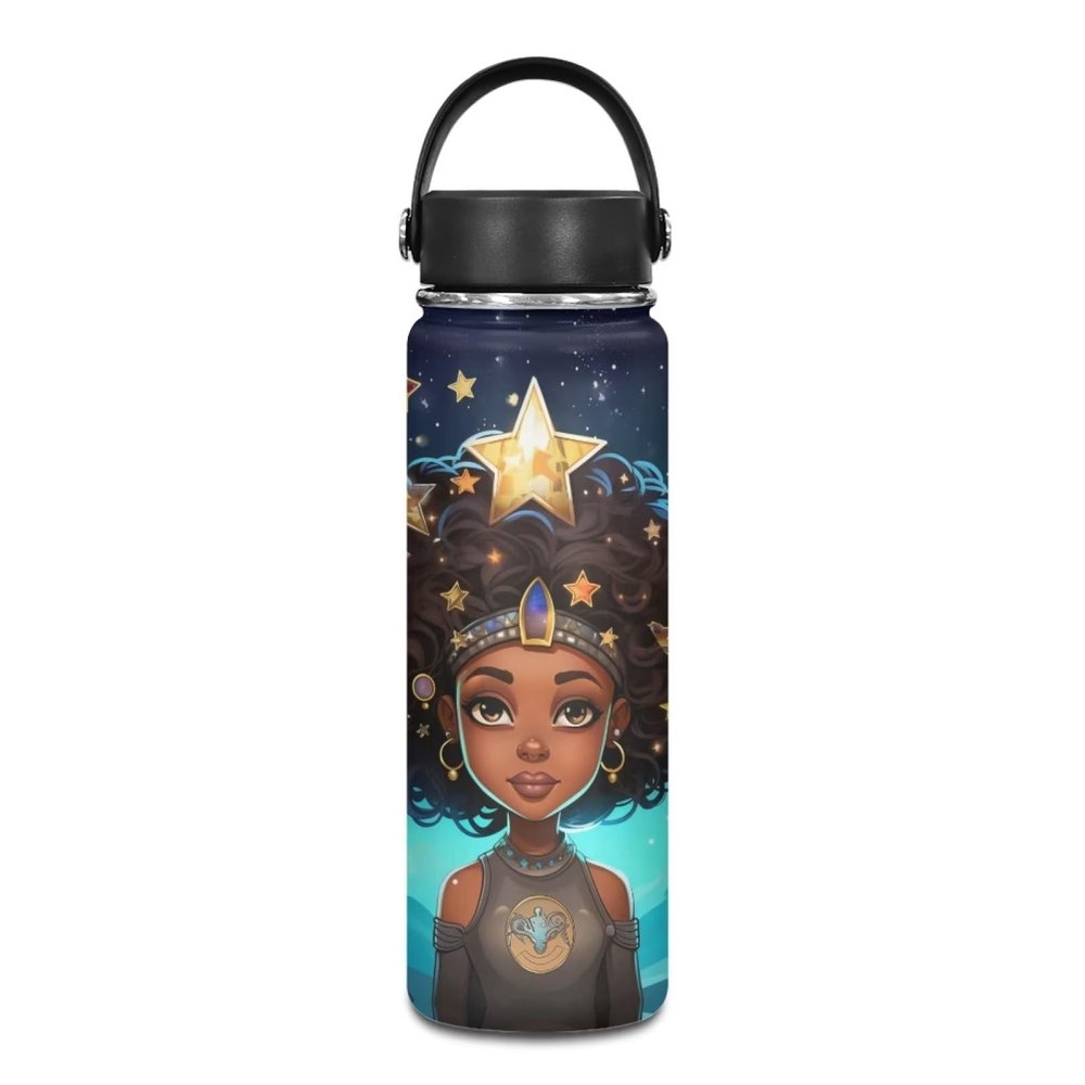 ZOUTAIRONG African Princess Insulated Water Bottle 18 oz Stainless Steel Bottle Reusable Wide Mouth African American Girl Water Bottle with Handle Thermal Mug Sports Water American Girl