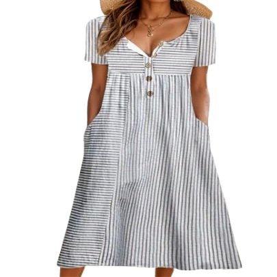 Akivide Women Casual Boho Short Sleeve Maxi Dress with Pocket Summer Loose Button Up Stripped Plus Size Flowy Beach Long Tshirt Dress 2024