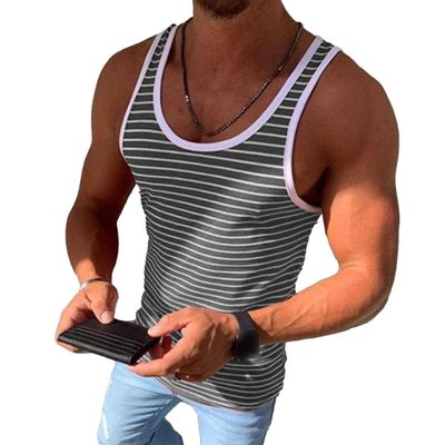 Maiyifu-GJ Men's Muscle Crewneck Striped Tank Tops Sleeveless Gym Workout Elastic Vest Summer Basic Casual T-Shirt Tees (Grey,X-Large)