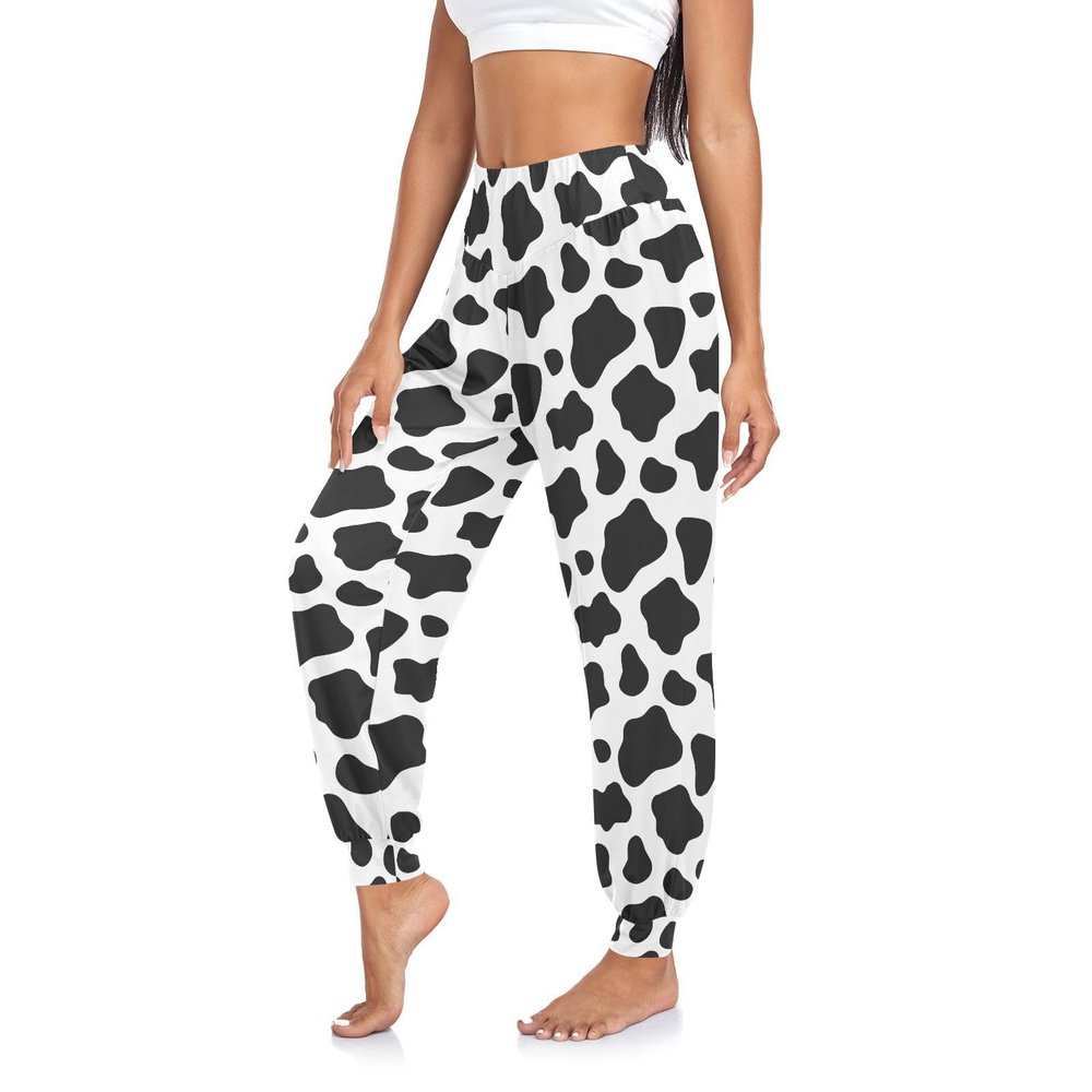 Black and White Cow Doodle Print Hippie Harem Pants for Women Boho Trousers Women's Cozy Yoga Pants, M