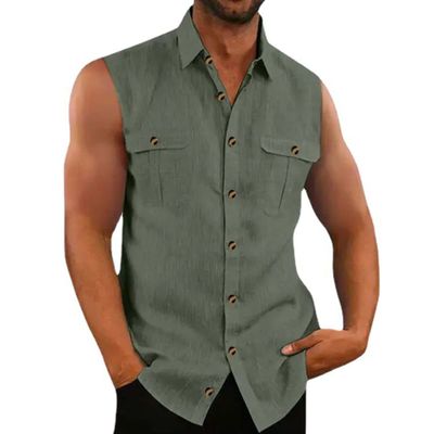 Maiyifu-GJ Men's Beach Basic Vest with Chest Pockets Linen Button Down Sleeveless Tank Top Summer Cotton Solid Color T-Shirt (Green,Medium)