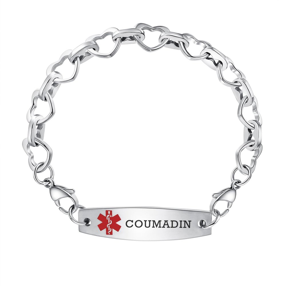 LinnaLove medical alert bracelets for men women Stainless steel Interchangeable medical bracelets, free engraving (HEART-7.5 inches-coumadin)