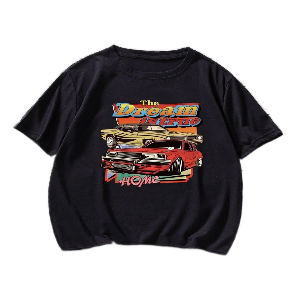 LITHYC Men Slogan & Car Print Tee (Color : Black, Size : X-Large)