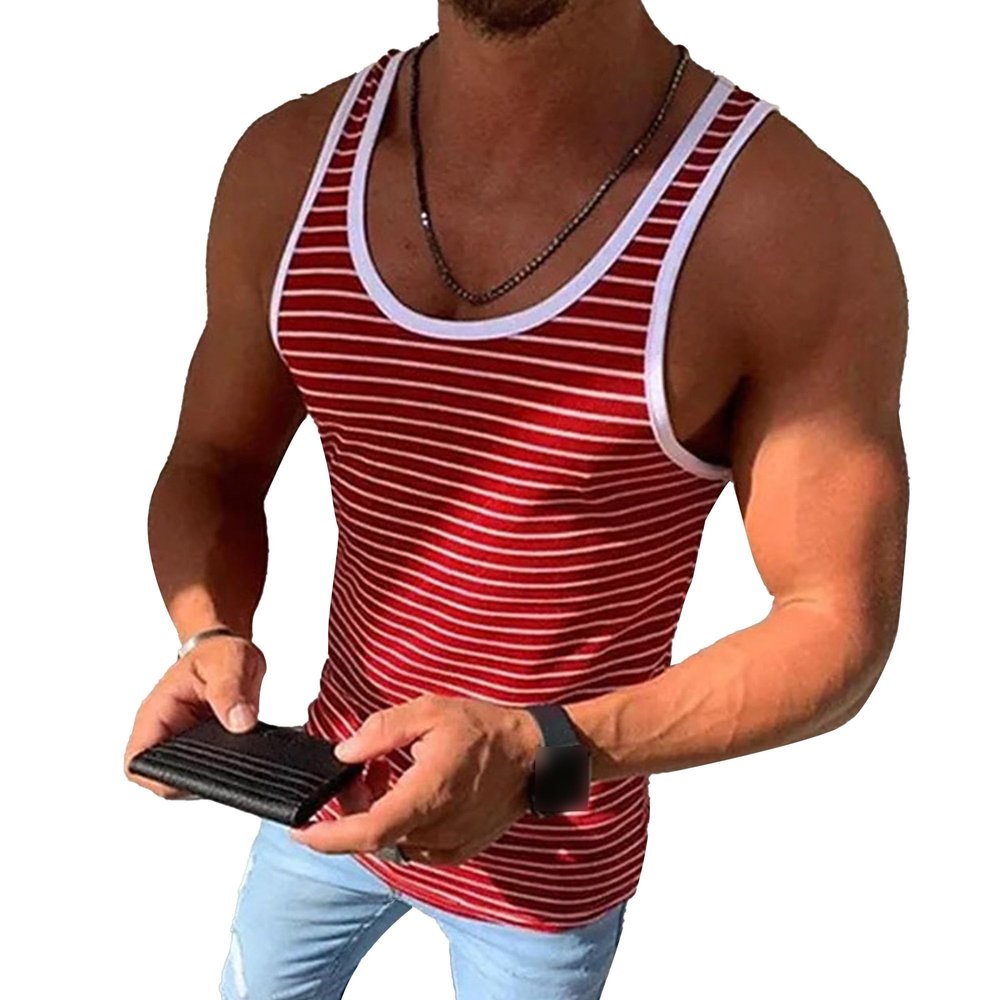 Men's Muscle Crewneck Striped Tank Tops Sleeveless Gym Workout Elastic Vest Summer Basic Casual T-Shirt Tees (Red,X-Large)