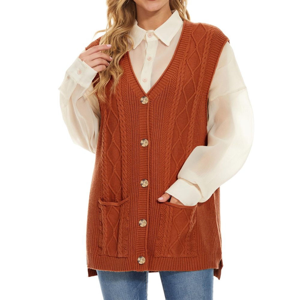 Hyipels Women's Sweater Vest,Sleevelsee Cardigan Button Cable Loose Long V Neck Pockets Knit Outwear Top S~XL
