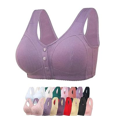 Daisy Bra for Seniors, Front Snap Closure Bras, Front Snaps Daisy Bras for Older Women (Stripe-Purple,Large)