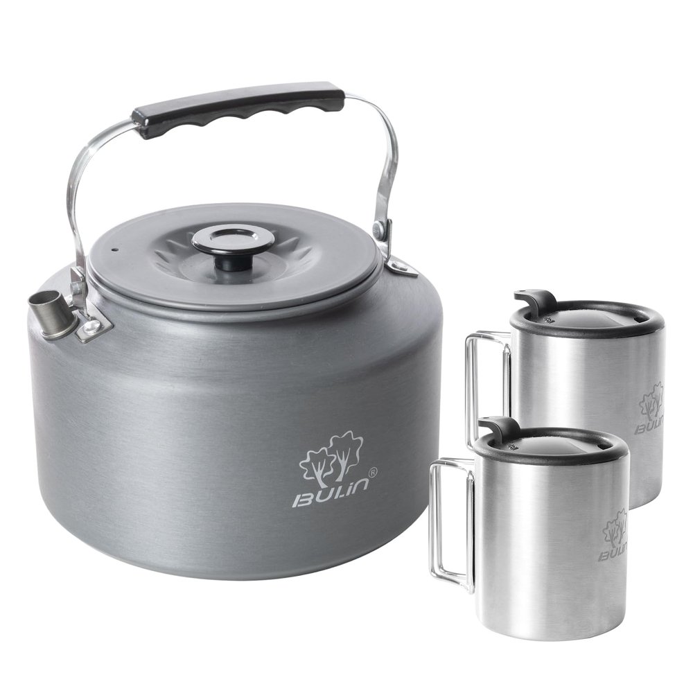 Bulin Camping Kettle, 2.2L Large Portable Stovetop Tea Kettle Fast Heating Boiling Hot Water for Open Fire Lightweight Coffee Pot with 2 Camping Cups & Lids for Outdoor Hiking Picnic Travel