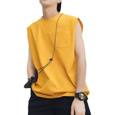 Maiyifu-GJ Men's Sleeveless Solid Color Tank Top Bodybuilding Workout Crewneck Shirt Muscle Athletic Training Fitness Vest (Yellow,Medium)
