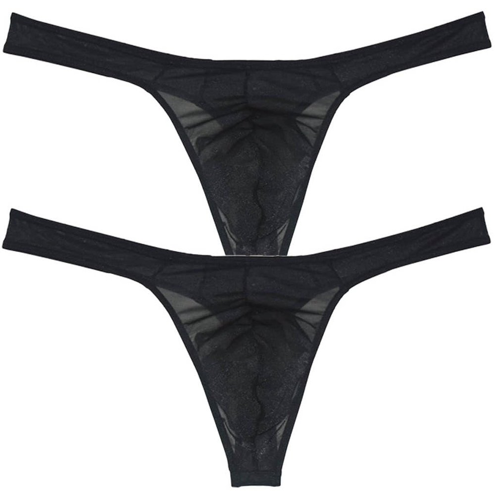 Jaxu Men's Gloss & See-through Tangas Underwear Male Bulge Pouch Thong Sexy Mesh T-back Sheer Underpants Sissy Lingerie 2-Pack(Black) M