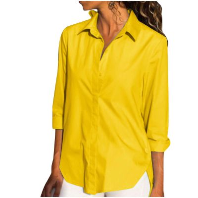 Womens Button Down Shirts Lightweight Solid Color Blouse T-Shirts Roll Up Long Sleeve Collared Tops Split Hem Clothes, Womens Tops Trendy, V Neck T Shirts for Women, Going, Yellow Small