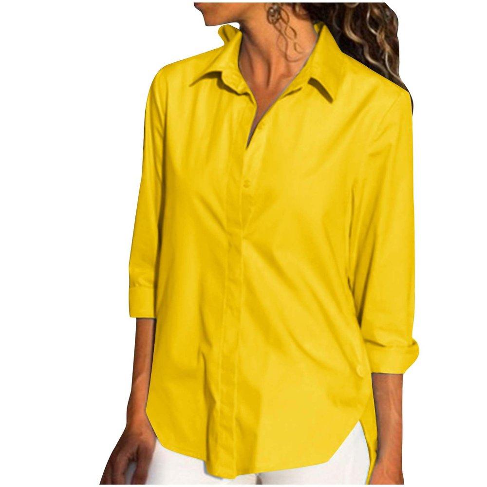 Womens Button Down Shirts Lightweight Solid Color Blouse T-Shirts Roll Up Long Sleeve Collared Tops Split Hem Clothes, Womens Tops Trendy, V Neck T Shirts for Women, Going, Yellow Small