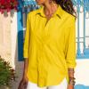 Womens Button Down Shirts Lightweight Solid Color Blouse T-Shirts Roll Up Long Sleeve Collared Tops Split Hem Clothes, Womens Tops Trendy, V Neck T Shirts for Women, Going, Yellow Small view 2