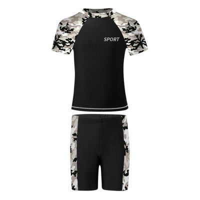 Eandarui Kids Boys 2 Piece Rash Guard Swimwear Set Camouflage Short Sleeve Bathing Suit Sports Swimsuit UPF 50+ Black 9-12 Years
