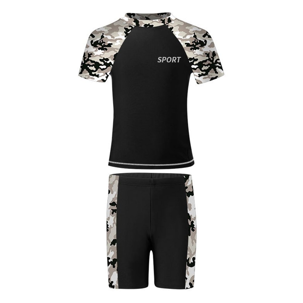 Eandarui Kids Boys 2 Piece Rash Guard Swimwear Set Camouflage Short Sleeve Bathing Suit Sports Swimsuit UPF 50+ Black 9-12 Years