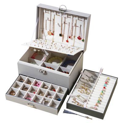 BOOVO Earring Jewelry Box For Women Girl Stud Organizer, 5 Layers Girl Jewelry Organizer Box With Lock Earring Holder Organizer Necklace Ring Jewelry Organizer Box For Girls (grey)