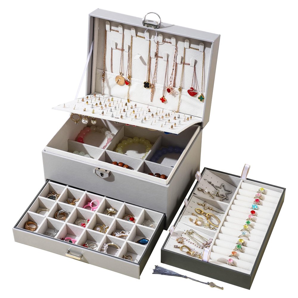 BOOVO Earring Jewelry Box For Women Girl Stud Organizer, 5 Layers Girl Jewelry Organizer Box With Lock Earring Holder Organizer Necklace Ring Jewelry Organizer Box For Girls (grey)