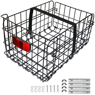 Folding Rear Bike Basket, Huntoshon Quickly Release Metal Bicycle Rack Cargo Basket with Strap & Reflective Tail Light for Most Mounted Bike Rack