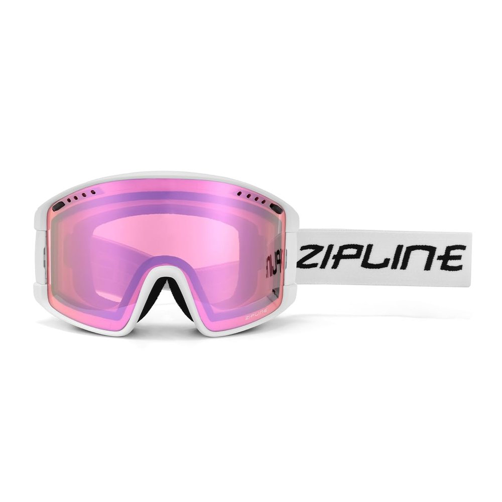 Zipline KLIK Ski Goggles - No Fog Magnetic Lenses, Double Cylindrical Polycarbonate, Adjustable Vent, Magnetic Lens System - Preferred by Pros (White Frame - Cherry Blossom - Rose Lens, White Frame)