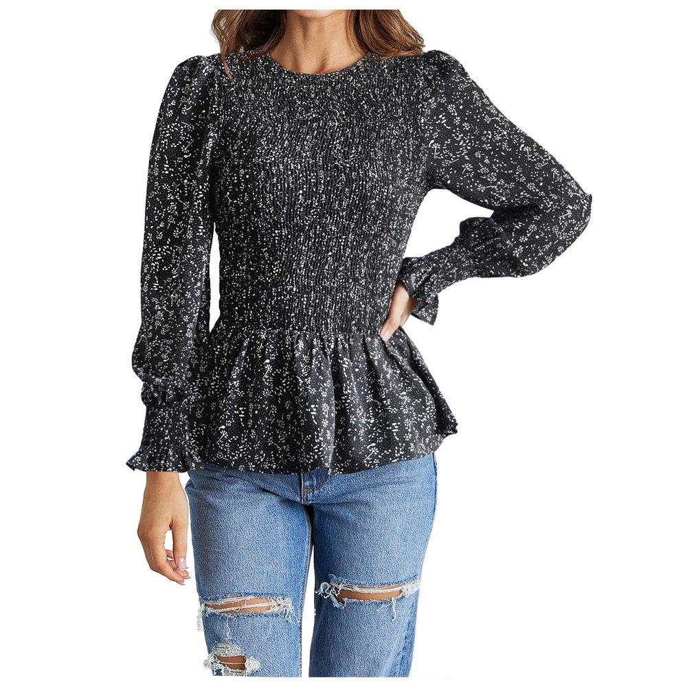 Women's Boho Floral Printed Puff Long Sleeve Shirts Crew Neck Tie Waist Peplum Tops Dressy Casual Fit Blouse