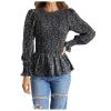 Women's Boho Floral Printed Puff Long Sleeve Shirts Crew Neck Tie Waist Peplum Tops Dressy Casual Fit Blouse view 1