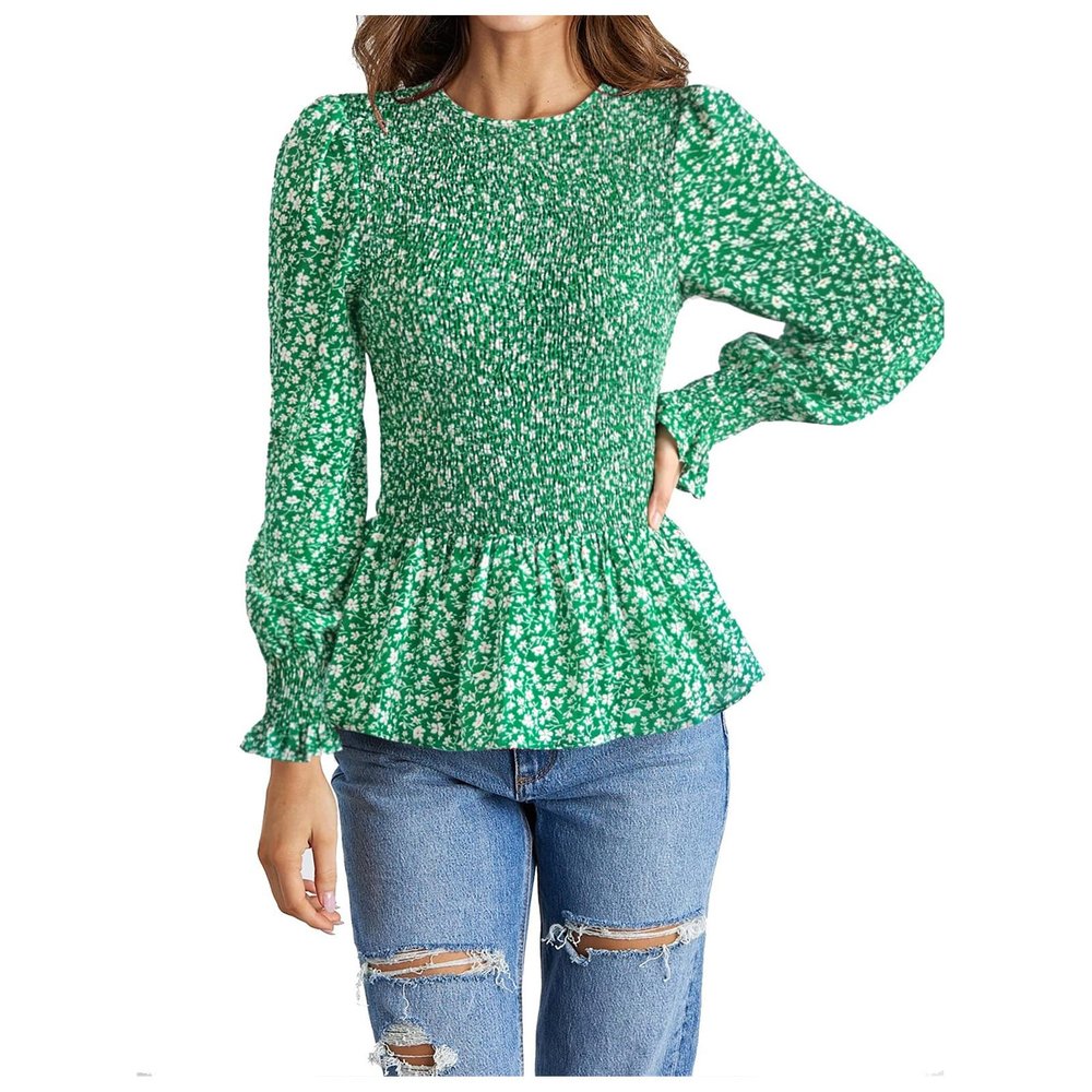 Women's Boho Floral Printed Puff Long Sleeve Shirts Crew Neck Tie Waist Peplum Tops Dressy Casual Fit Blouse Green