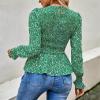 Women's Boho Floral Printed Puff Long Sleeve Shirts Crew Neck Tie Waist Peplum Tops Dressy Casual Fit Blouse Green view 2