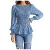 Women's Boho Floral Printed Puff Long Sleeve Shirts Crew Neck Tie Waist Peplum Tops Dressy Casual Fit Blouse Blue view 1