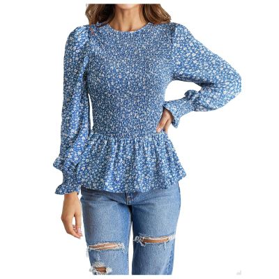 Women's Boho Floral Printed Puff Long Sleeve Shirts Crew Neck Tie Waist Peplum Tops Dressy Casual Fit Blouse Blue