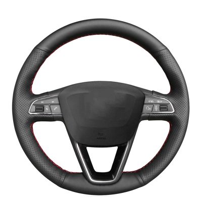 Black Leather Car Steering Wheel Cover for Seat Leon 5F Mk3 2013-2019 Ibiza 6J Tarraco Arona Ateca Alhambra DIY Hand-Stitched Car Steering Wheel Covers