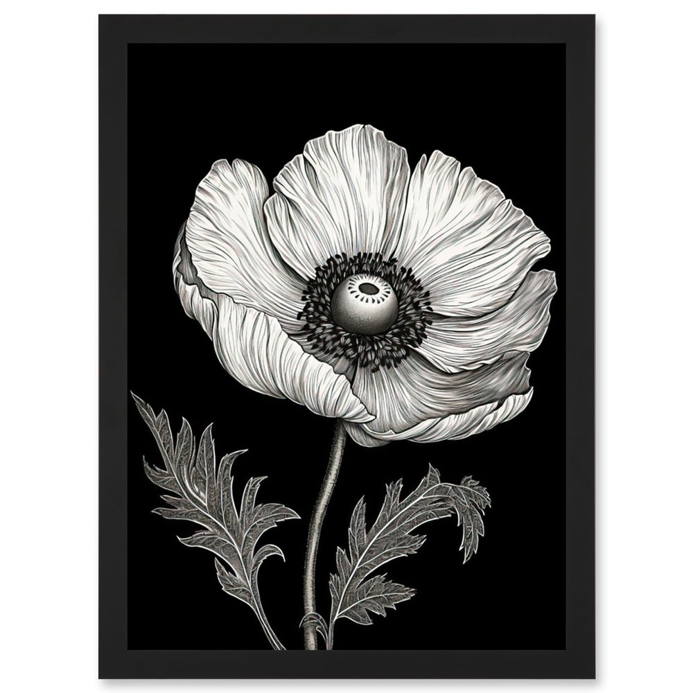 Artery8 White on Black Single Detailed Anemone Flower Artwork Framed Wall Art Print A4