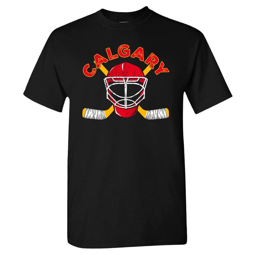 Calgary Team Mask Men's T-Shirt for Hockey Fans (Black Shirt, 4XL)