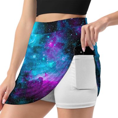 KiHene Women's Blue Galaxy Space Tennis Skirts with Pockets Inner Shorts, Athletic Golf Skort for Workout Sports