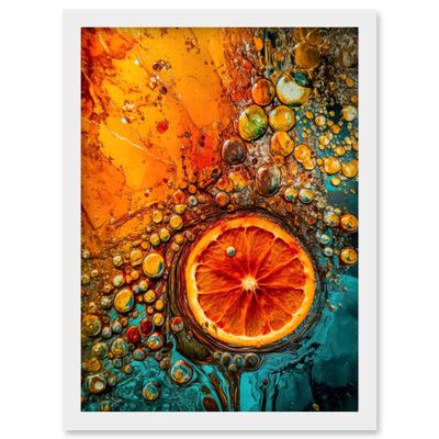 Artery8 Abstract Liquid Paint Dried Orange Fruit Slice Artwork Framed Wall Art Print A4