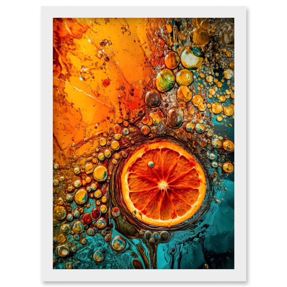 Artery8 Abstract Liquid Paint Dried Orange Fruit Slice Artwork Framed Wall Art Print A4