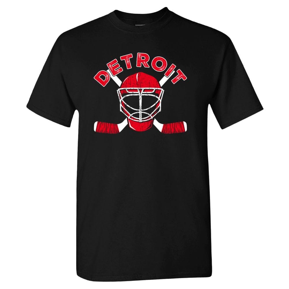 Detroit Team Mask Men's T-Shirt for Hockey Fans (Black Shirt, 2XL)