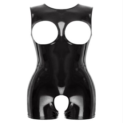 Jugaoge Women Open Bust Sleeveless Leotard Tops Wet Look Open Front Latex Catsuit Rave Party Clubwear Black XX-Large