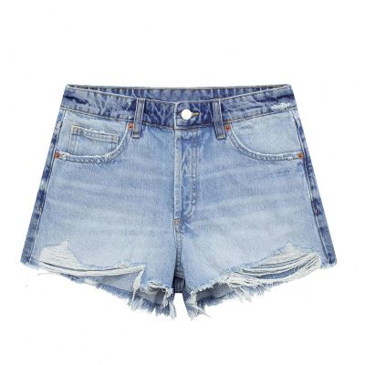 Dawery Women Denim Blue Distressed Front Zipper Mini Shorts Vintage High Waist Female Lady Shorts Light Blue Xs