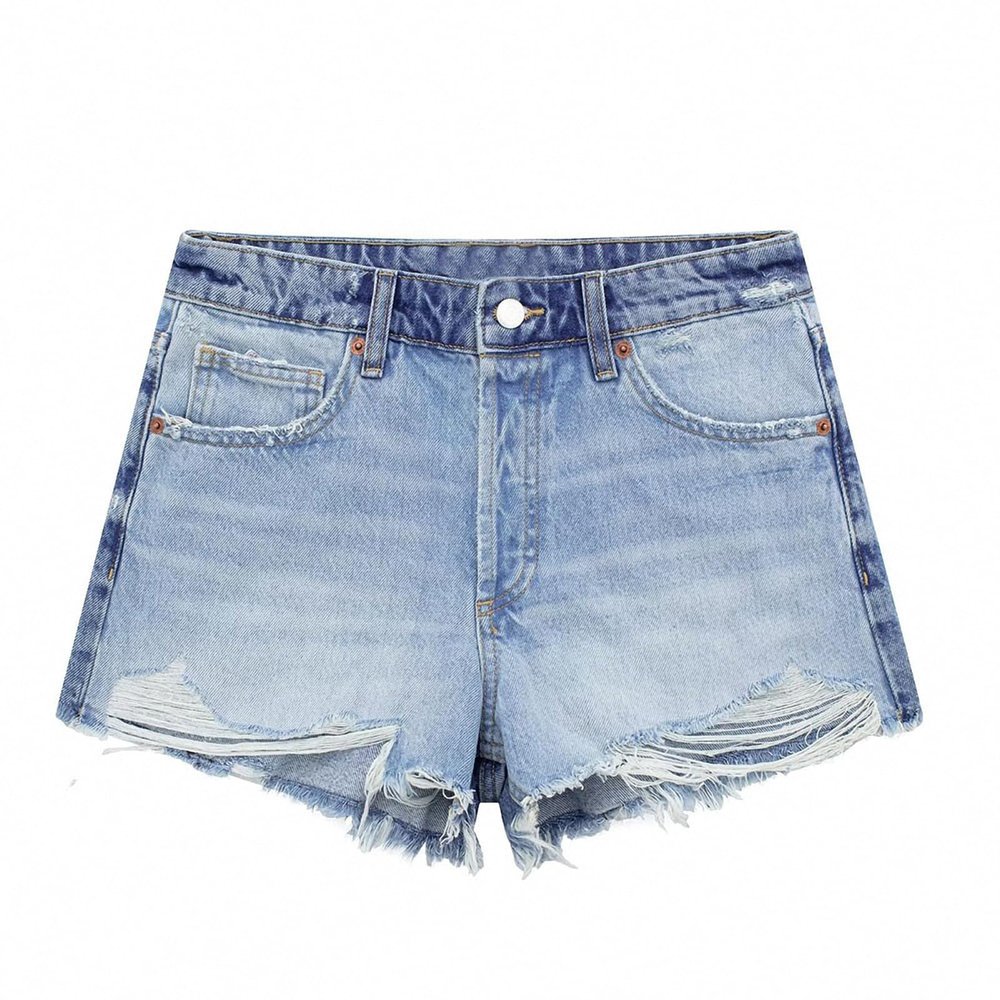 Dawery Women Denim Blue Distressed Front Zipper Mini Shorts Vintage High Waist Female Lady Shorts Light Blue Xs