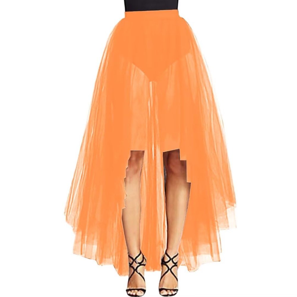 WDPL Women's Maxi High Low A-line Layers Tulle Sheer Evening Skirt (Orange, 4XL)