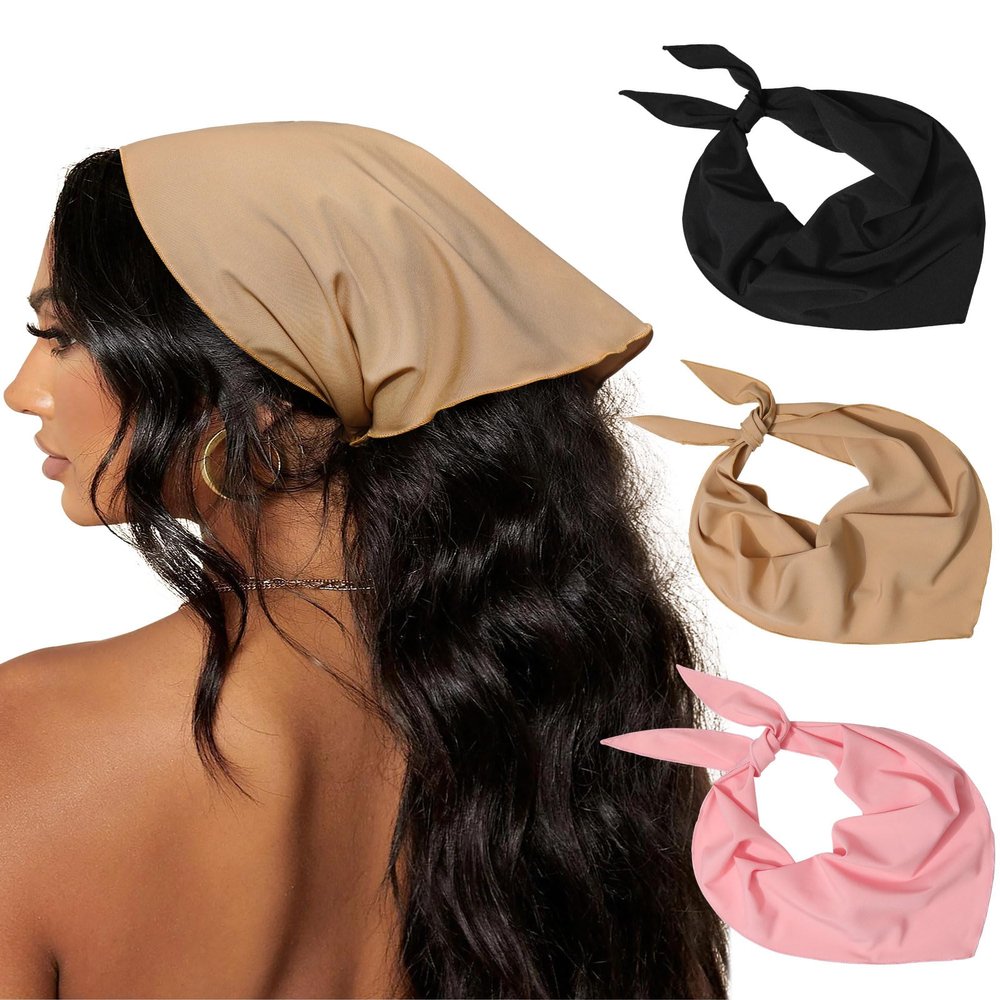 AWAYTR 3Pcs Hair Bandanas Head Kerchief for Women Girls Tie-Back Boho Hair Scarf Headband Bandana Triangle Head Scarf (Solid Color - Khaki/Pink/Black)