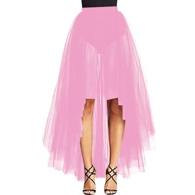 WDPL Women's Maxi High Low A-line Layers Tulle Sheer Evening Skirt (Deep Pink, X-Large)