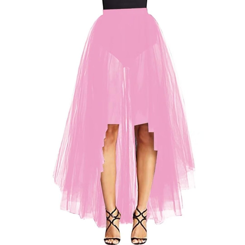 WDPL Women's Maxi High Low A-line Layers Tulle Sheer Evening Skirt (Deep Pink, X-Large)