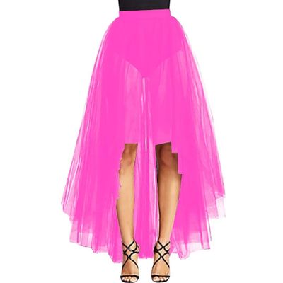 WDPL Women's Maxi High Low A-line Layers Tulle Sheer Evening Skirt (Hot Pink, XX-Large)