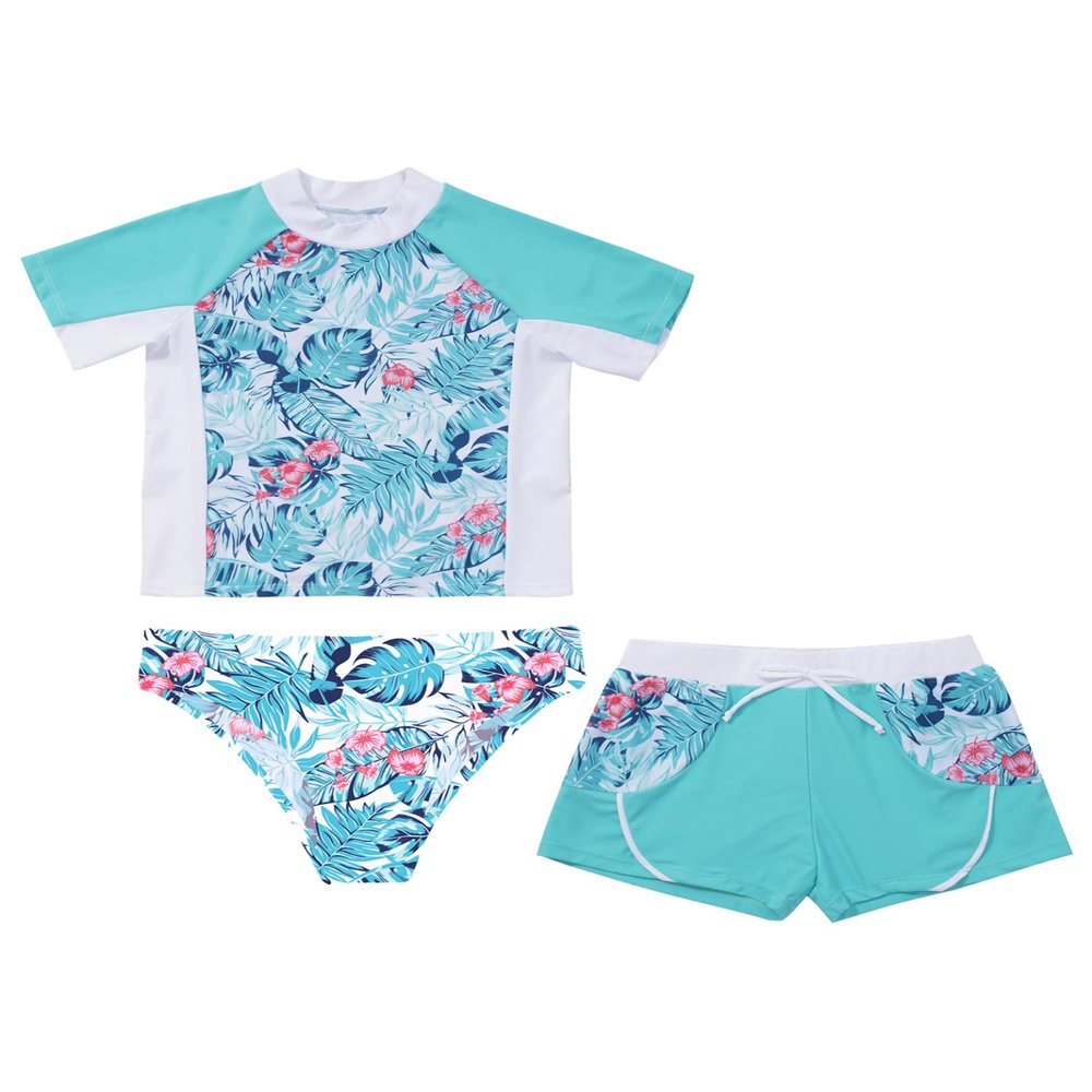 Eandarui Kids Girls Athletic Swimsuits Beach Sports Short Sleeve Swimwear Rash Guard for Swimming Surfing Leaf 6 Years