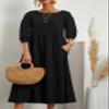 Akivide Women's Summer Cotton Linen Lantern Short Sleeve Dress Crew Neck Loose Casual Tunic Beach Dresses with Pockets view 2