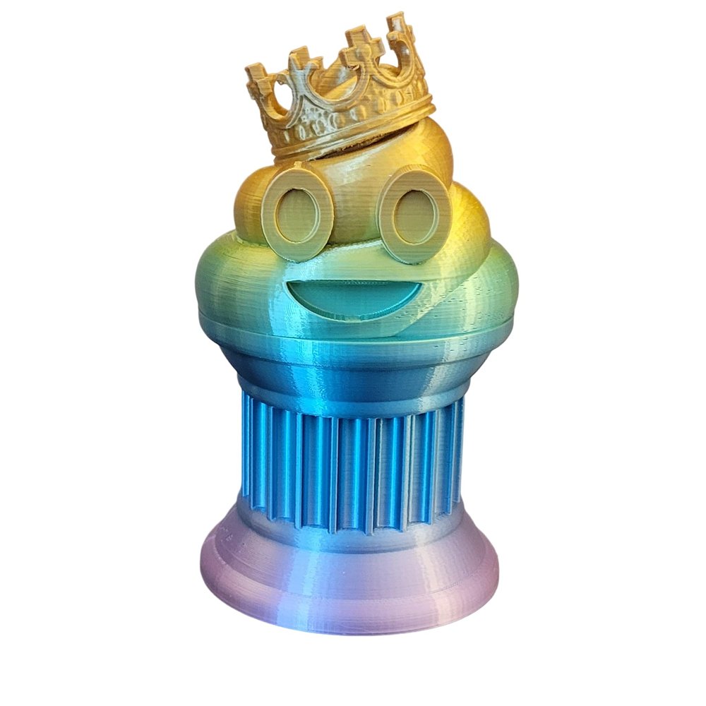 Znet3D King Poop Emoji Trophy - Fun Award & Gift - Handmade w/Additive Manufacturing - 6" inches Tall - Featuring a Solid Rainbow Poop Emoji with a Crown, Secured on a Column Pillar - Funny Trophy