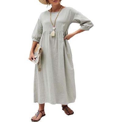 Akivide Women's Summer Cotton Linen Lantern Short Sleeve Dress Crew Neck Loose Casual Tunic Beach Dresses with Pockets
