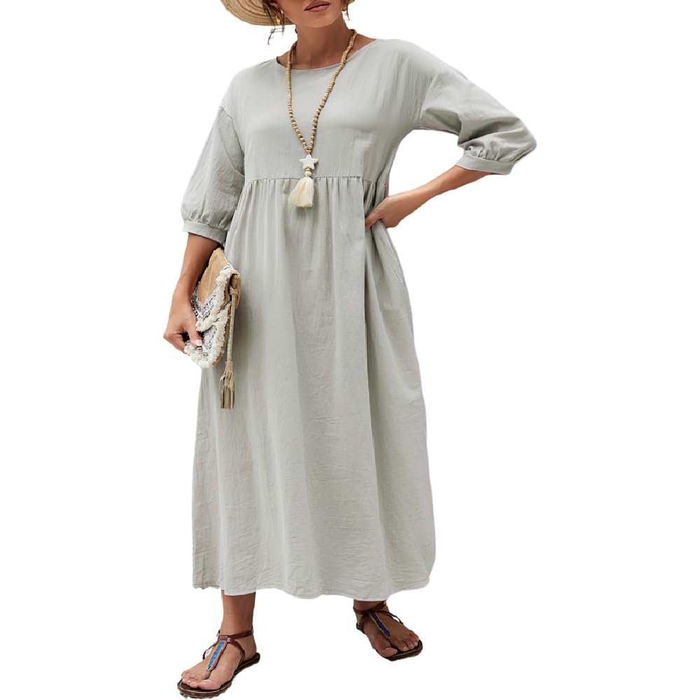 Akivide Women's Summer Cotton Linen Lantern Short Sleeve Dress Crew Neck Loose Casual Tunic Beach Dresses with Pockets